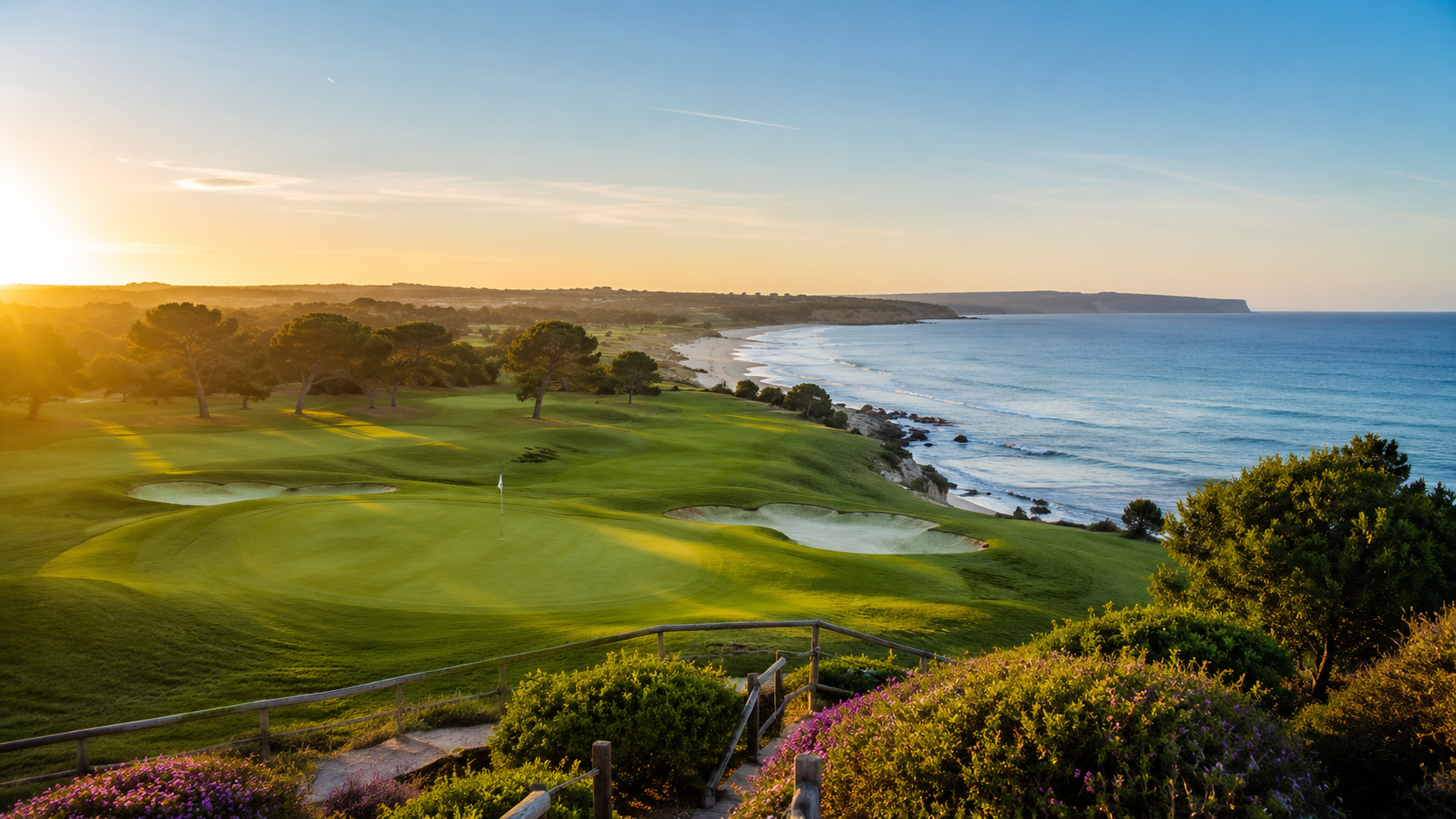 Coastal golf course at golden hour, with manicured fairways and bunkers rolling toward a sandy beach and calm ocean